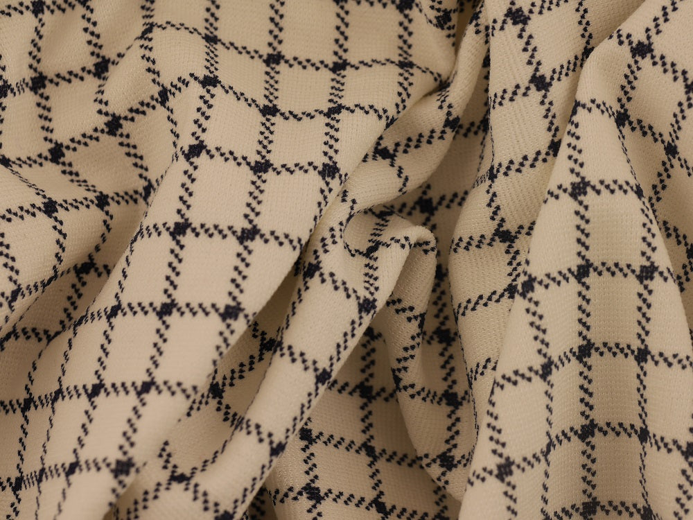 Double Jersey Ponti Fabric - Cream with Navy check