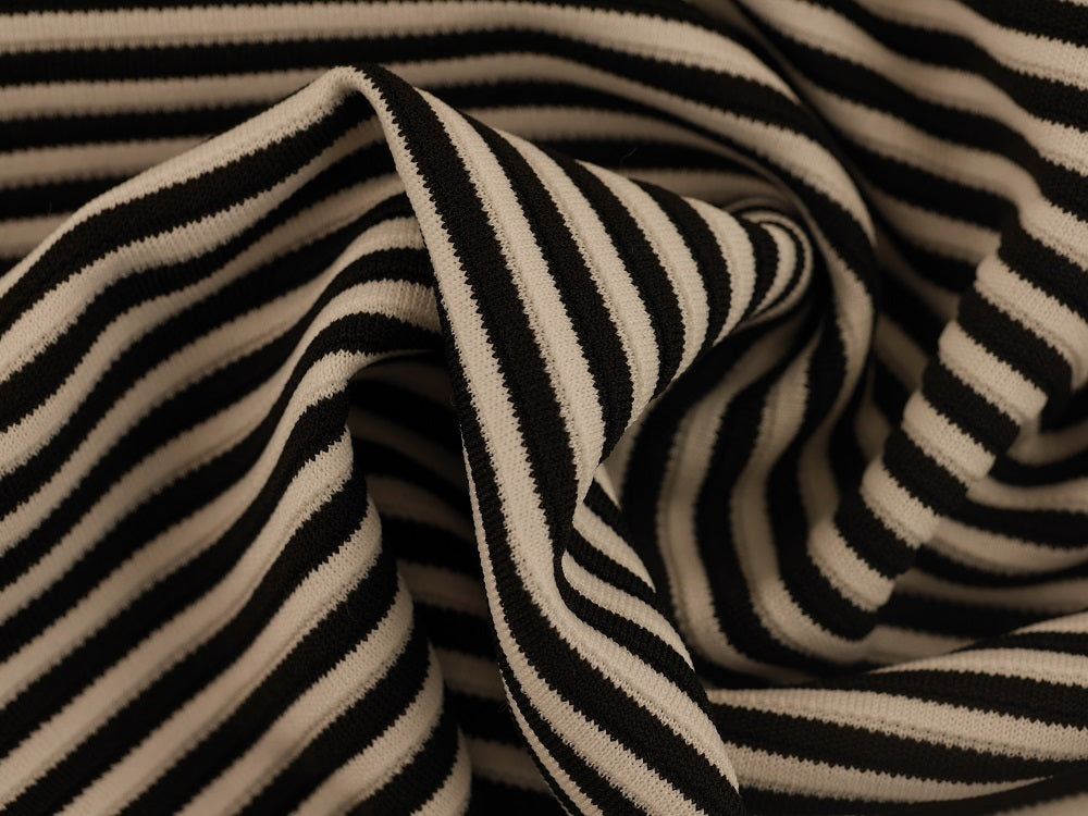 Double Jersey Ottoman Rib Stripe Fabric - Black/White