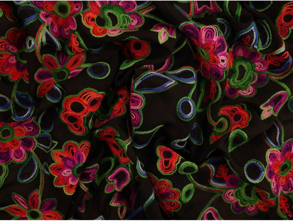 Embroidered Polyester Fabric - Floral on Sheer Black