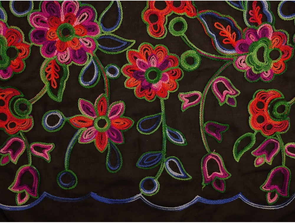 Embroidered Polyester Border Fabric - Delicate Floral on Sheer Black 1 Metre Remnant