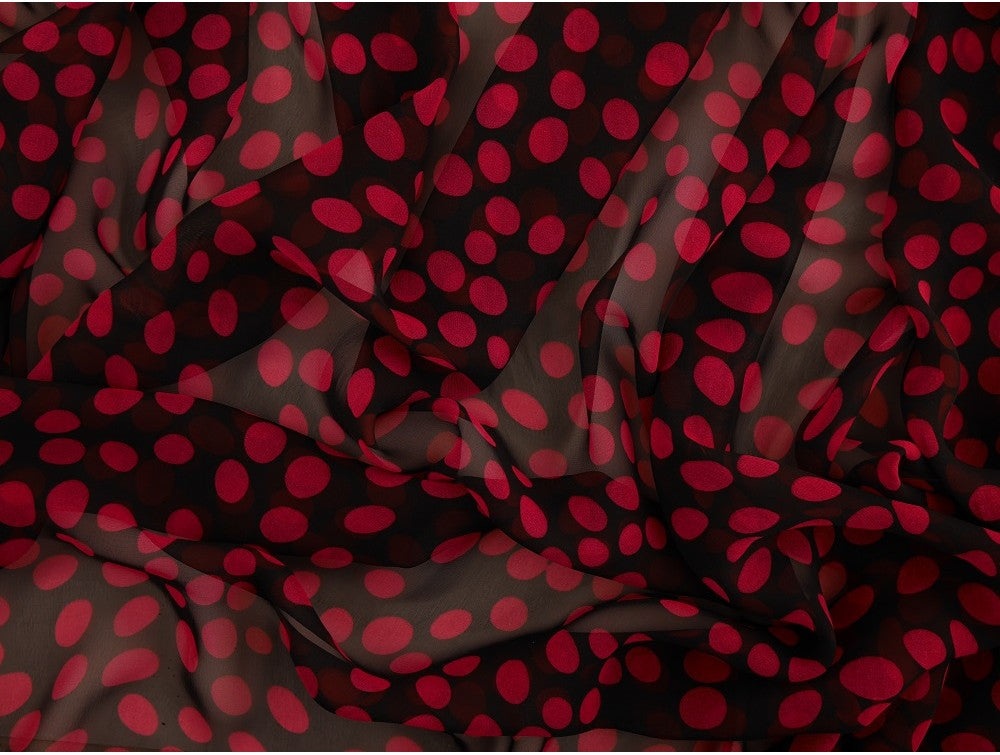 Printed Chiffon Fabric - Cerise Spot on Black