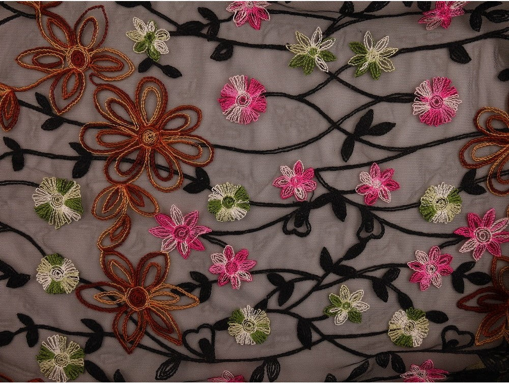 Embroidered Polyester Border Fabric - Delicate Floral on Sheer Black
