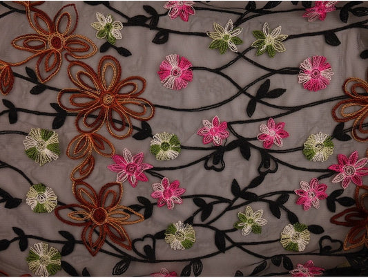 Embroidered Polyester Border Fabric - Delicate Floral on Sheer Black