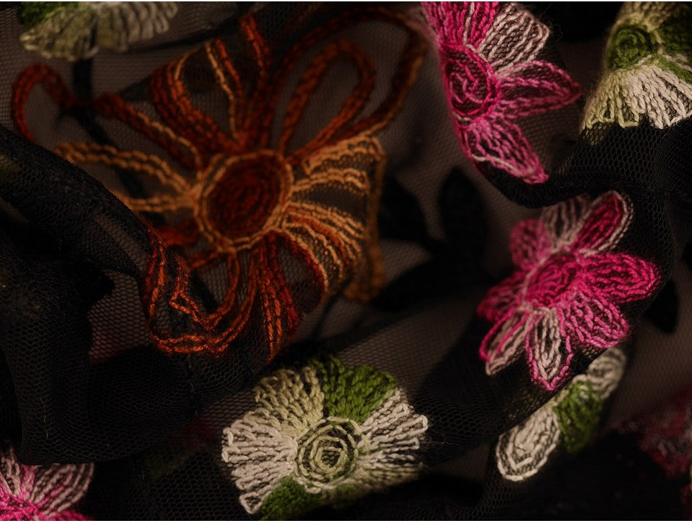 Embroidered Polyester Border Fabric - Delicate Floral on Sheer Black