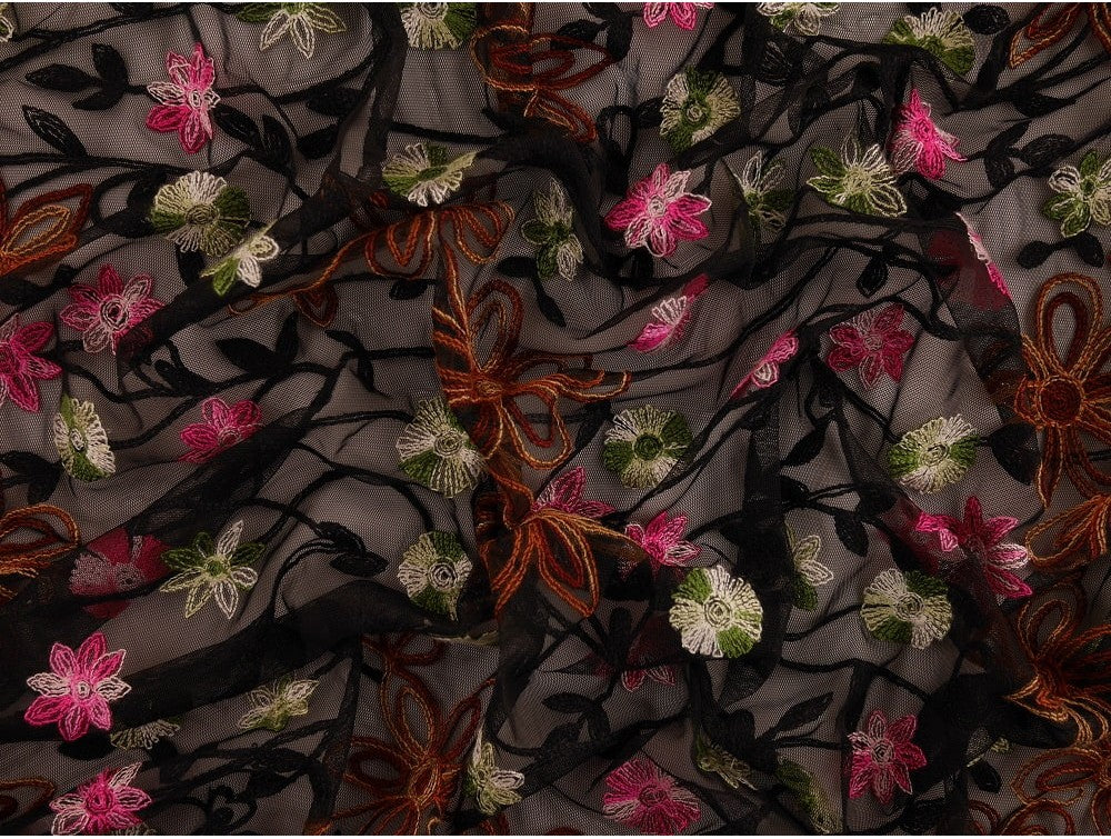 Embroidered Polyester Border Fabric - Delicate Floral on Sheer Black