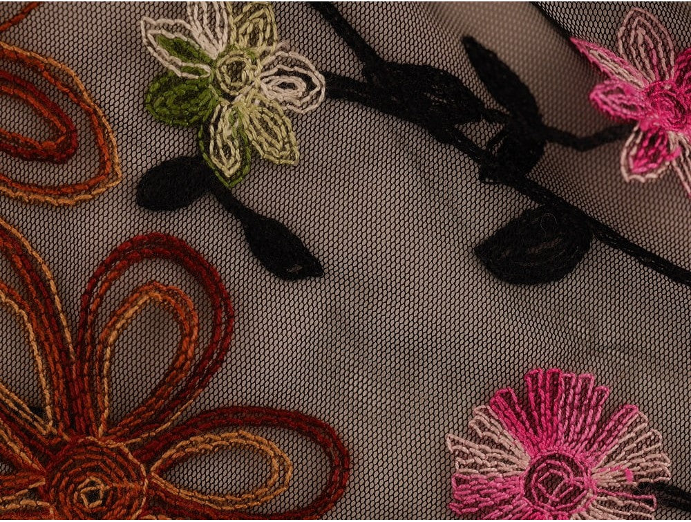 Embroidered Polyester Border Fabric - Delicate Floral on Sheer Black