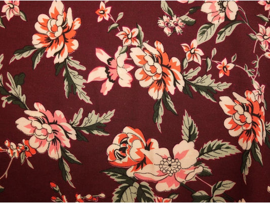 Panama Viscose Fabric - Burgundy Flower Party