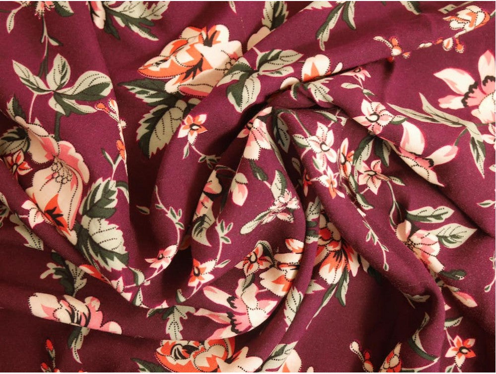 Panama Viscose Fabric - Burgundy Flower Party