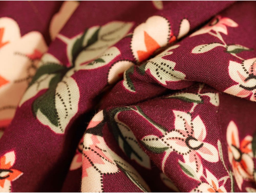 Panama Viscose Fabric - Burgundy Flower Party