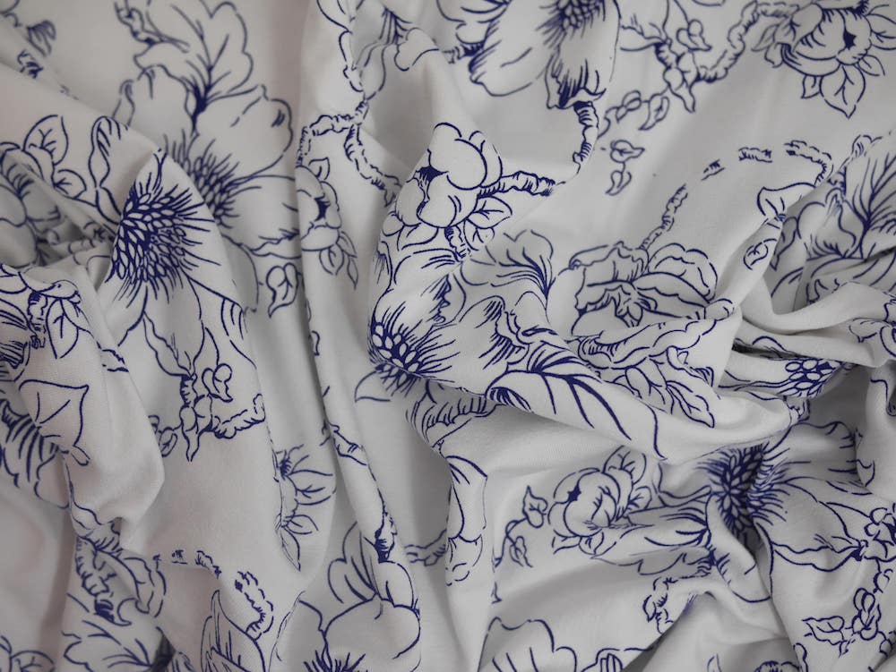 Printed Viscose jersey Fabric - Blue Floral Sketch