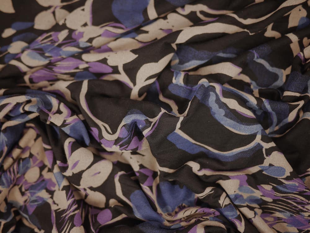 Printed Viscose Jersey Fabric Blue & Purple Watercolour Roses