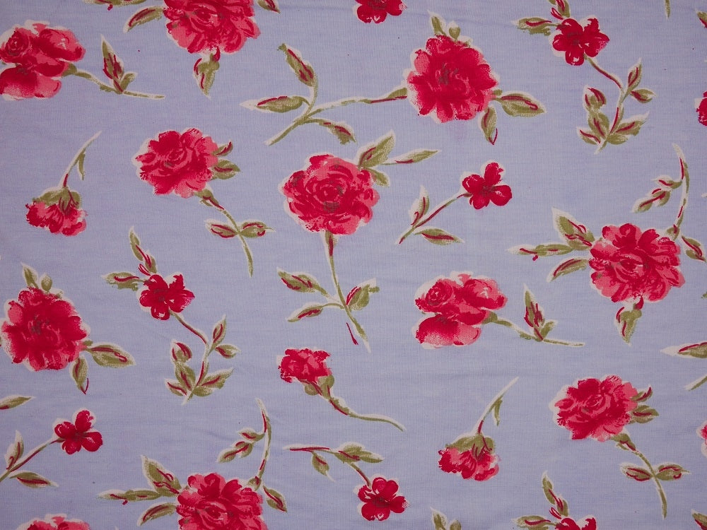 Printed Viscose Jersey Fabric - Red Flowers On Blue