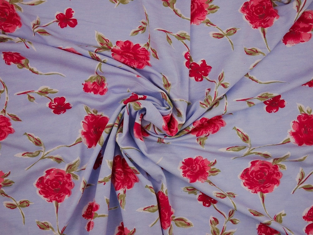 Printed Viscose Jersey Fabric - Red Flowers On Blue