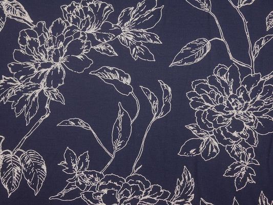 Printed Viscose Jersey Fabric - White Line Drawn Floral Print