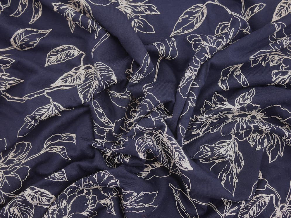 Printed Viscose Jersey Fabric - White Line Drawn Floral Print