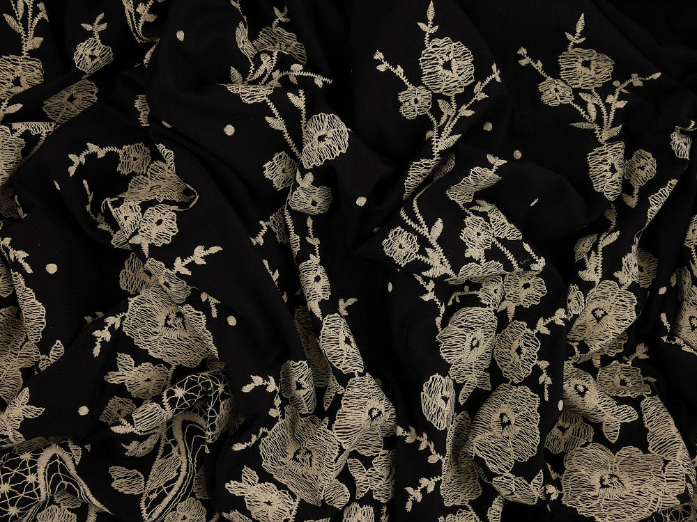 Printed Viscose Jersey Fabric - Cream Mirror Border On Black