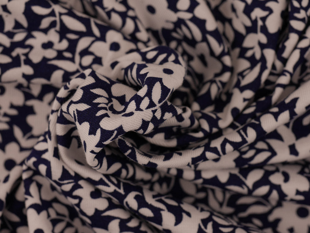 Printed Viscose Jersey Fabric - White and Navy Floral