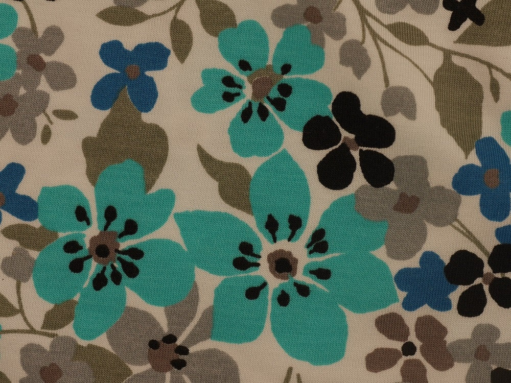 Single Jersey Printed Fabric - Turquoise and Grey Flowers