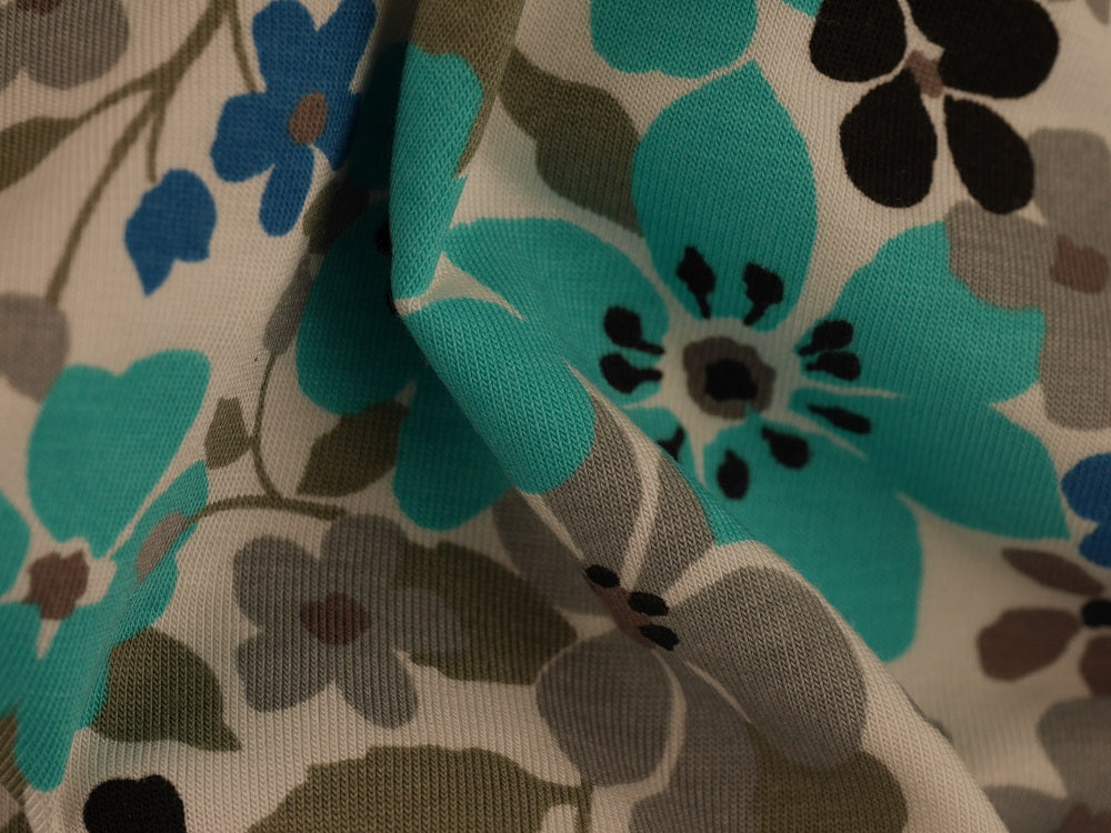 Single Jersey Printed Fabric - Turquoise and Grey Flowers