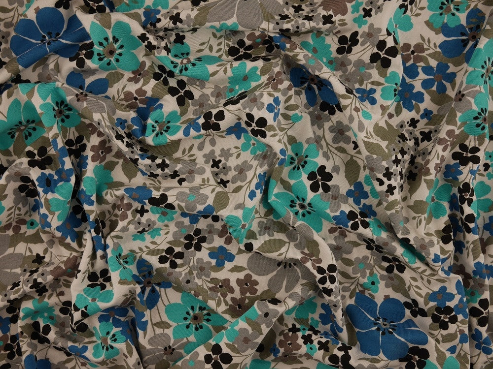 Single Jersey Printed Fabric - Turquoise and Grey Flowers
