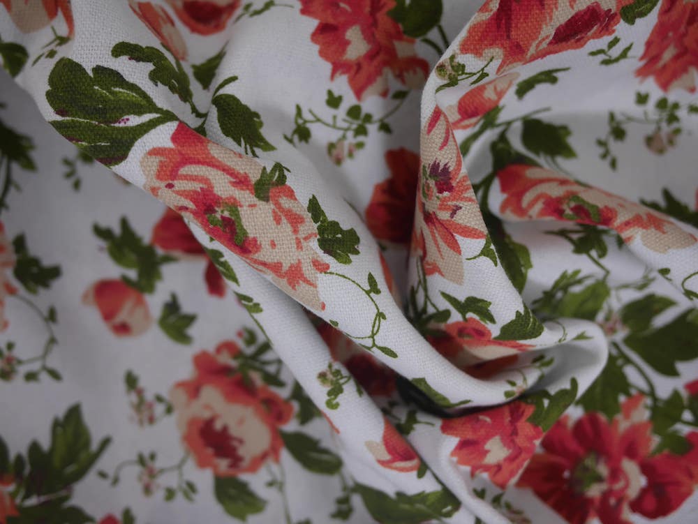 Canvas Fabric - Coral Rose Flowers