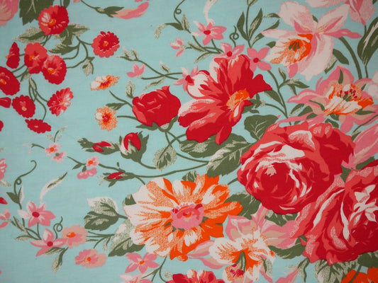 Single Jersey Printed Fabric - Pink Flowers on blue