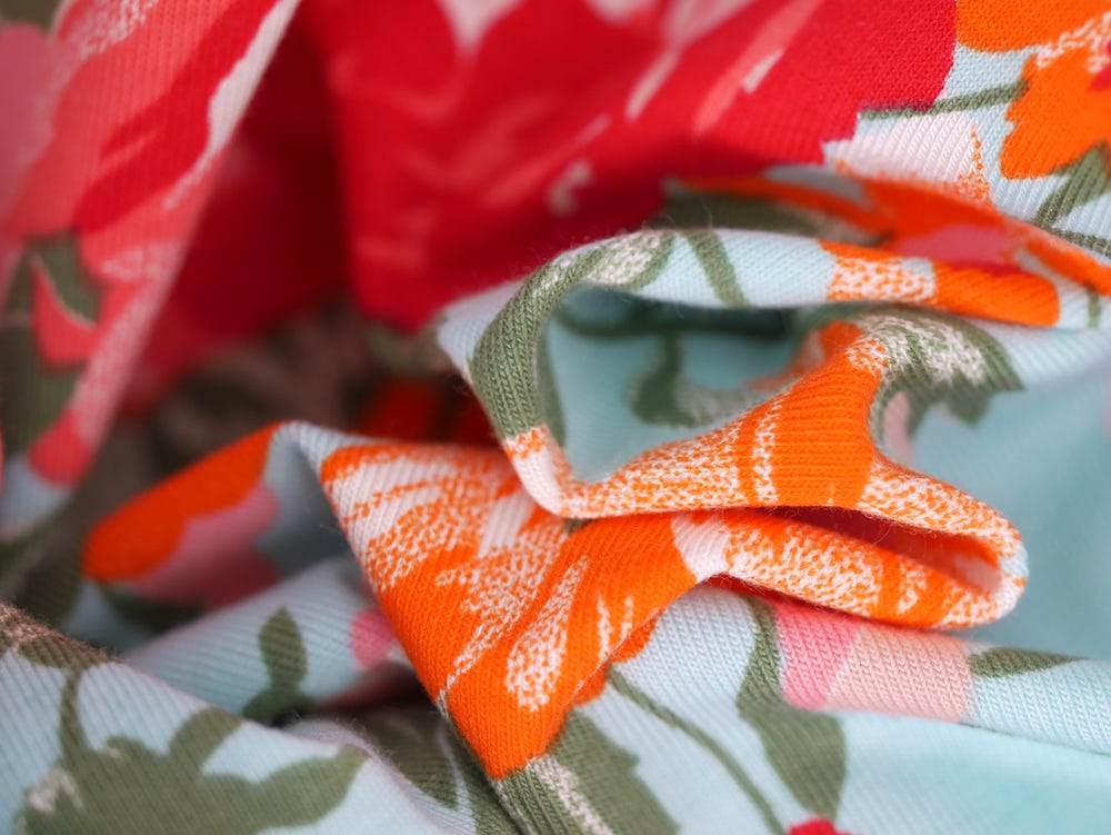 Single Jersey Printed Fabric - Pink Flowers on blue