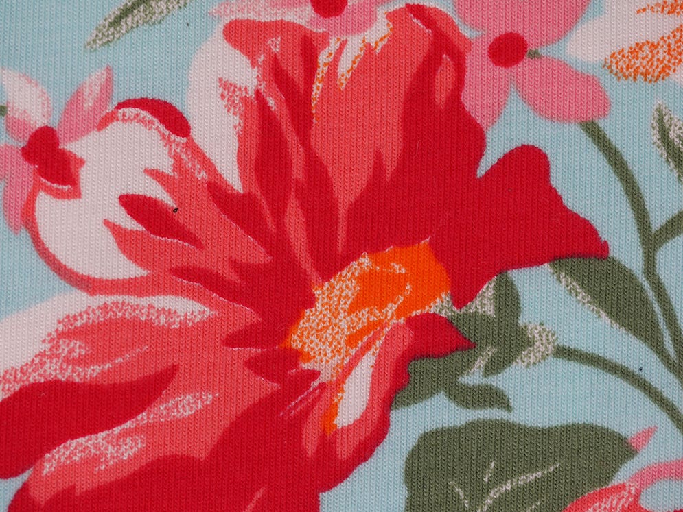 Single Jersey Printed Fabric - Pink Flowers on blue