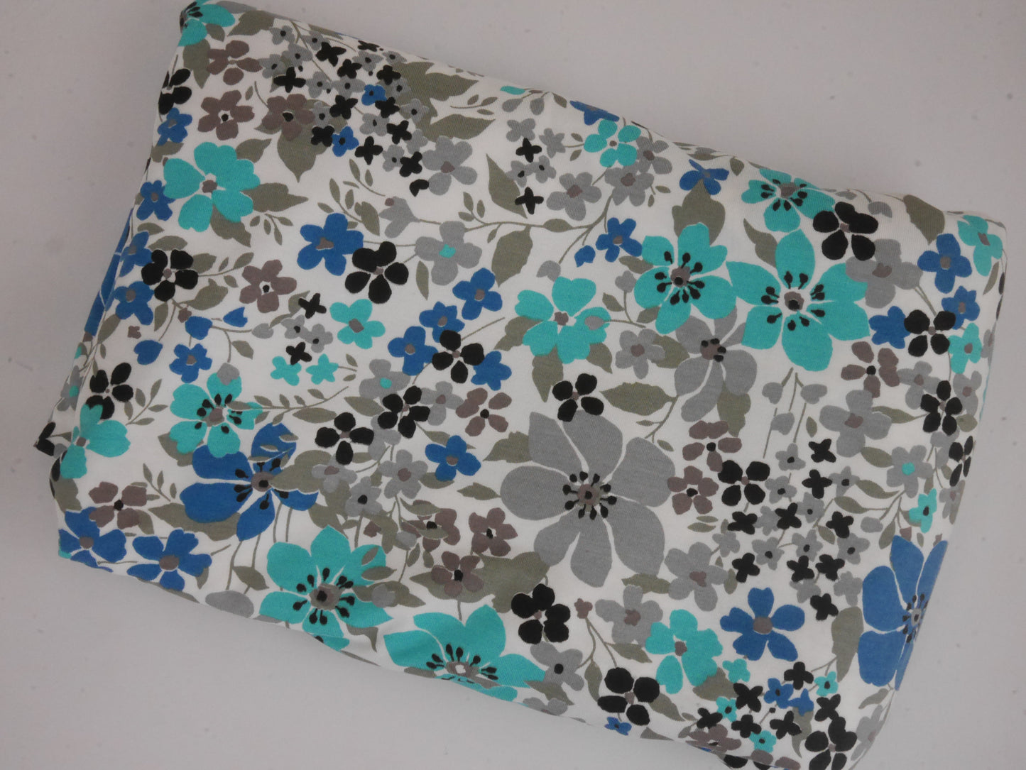 Single Jersey - Turquoise and Grey Flowers 2.45 Metre Remnant