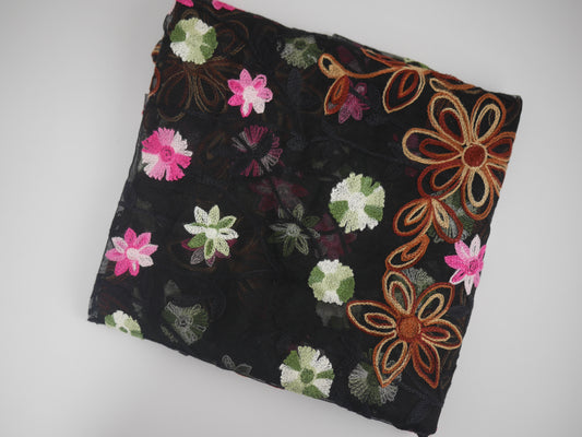 Embroidered Polyester Border Fabric - Delicate Floral on Sheer Black 1 Metre Remnant