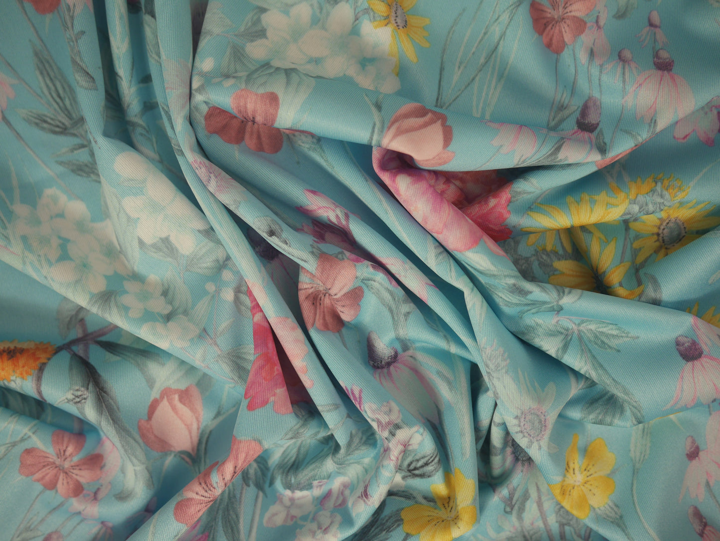 Recycled Filament Spun Polyester - Lush Floral On Turquoise
