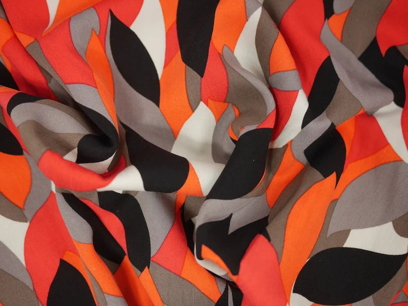 Viscose Twill Print Leaves - Red 0.50 Metre Remnant