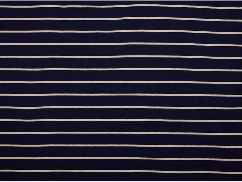 Single Jersey Stripe Fabric - Navy/White 1 Metre Remnant