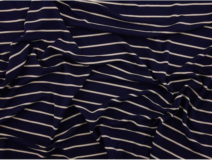 Single Jersey Stripe Fabric - Navy/White 1 Metre Remnant