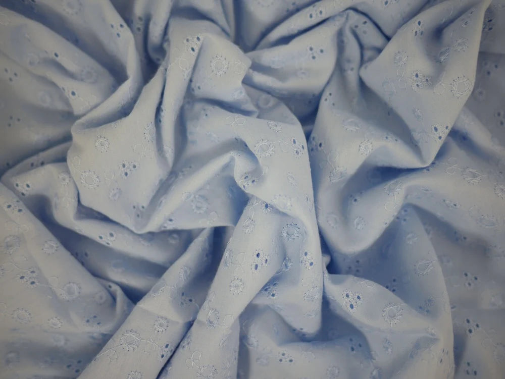 Sky Blue Floral Broderie Anglaise Fabric - 0.85 Metre Remnant
