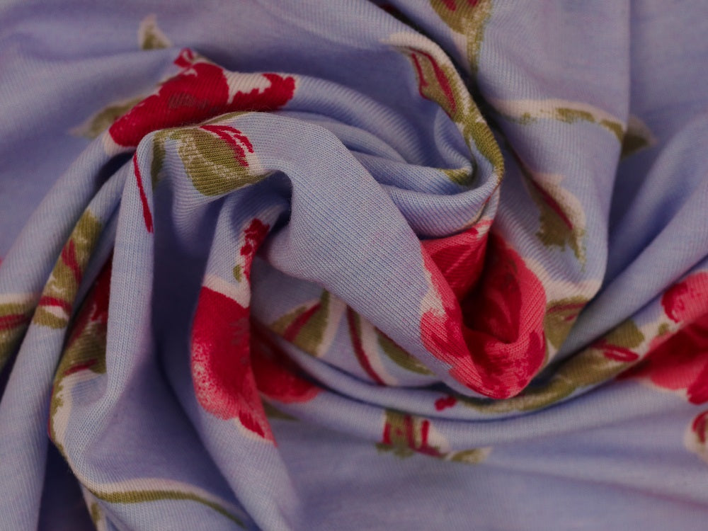 Printed Viscose Jersey Fabric - Red Flowers On Blue