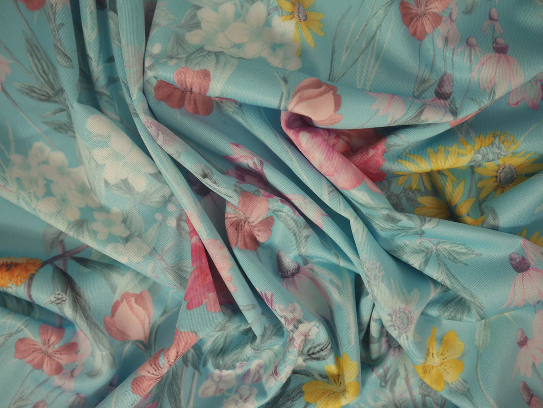 Printed Spun Polyester - Lush Floral on Turquoise 1 Metre Remnant