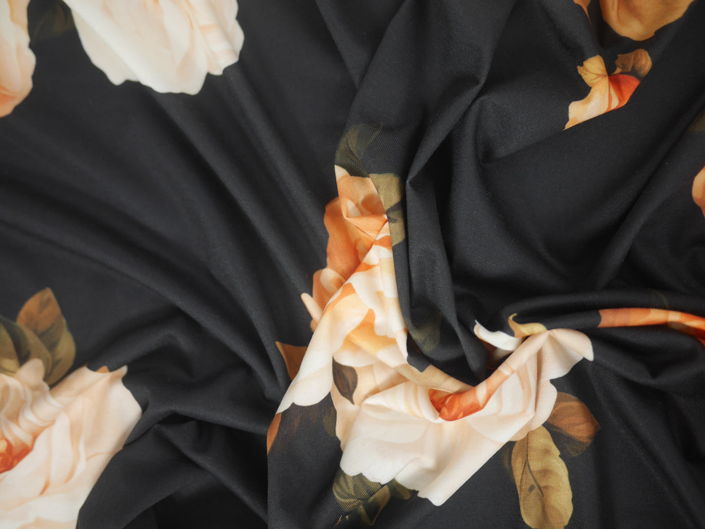 Recycled Soft Spun Polyester - Pastel Orange Roses On Black