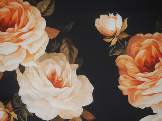 Recycled Soft Spun Polyester - Pastel Orange Roses On Black