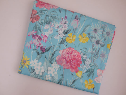 Printed Spun Polyester - Lush Floral on Turquoise 1 Metre Remnant