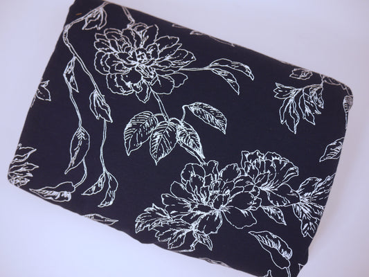 Printed Viscose Jersey Fabric - White Line Drawn Floral Print 0.60 Metre Remnant