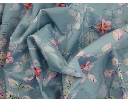 Printed Cotton Lawn Fabric - Floral sky blue bloom