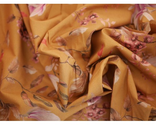 Printed Cotton Lawn Fabric - Mustard yellow cherry blossom