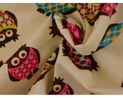 Printed Cotton Poplin Fabric - Owls on Cream