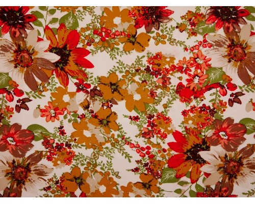 Polyester Crepe Fabric - Mustard Flowers on White