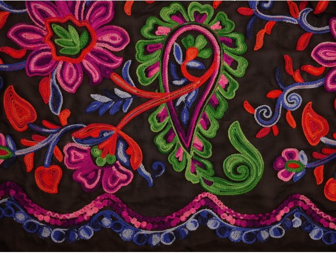 Embroidered Polyester Fabric - Paisley and Floral on Sheer Black