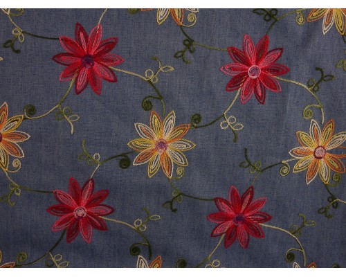 Embroidered Denim Fabric - Red and Yellow Floral on Blue