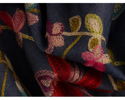 Embroidered Denim Fabric - Multi Floral on Blue