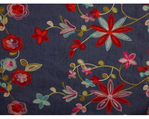 Embroidered Denim Fabric - Multi Floral on Blue