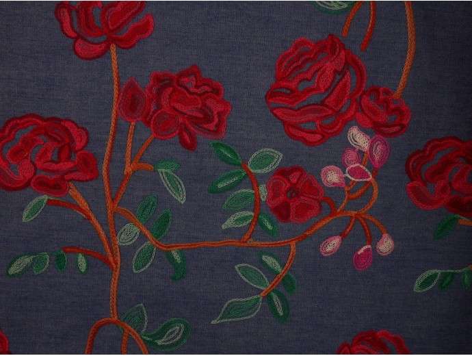Embroidered Denim Fabric - Red Roses on Blue